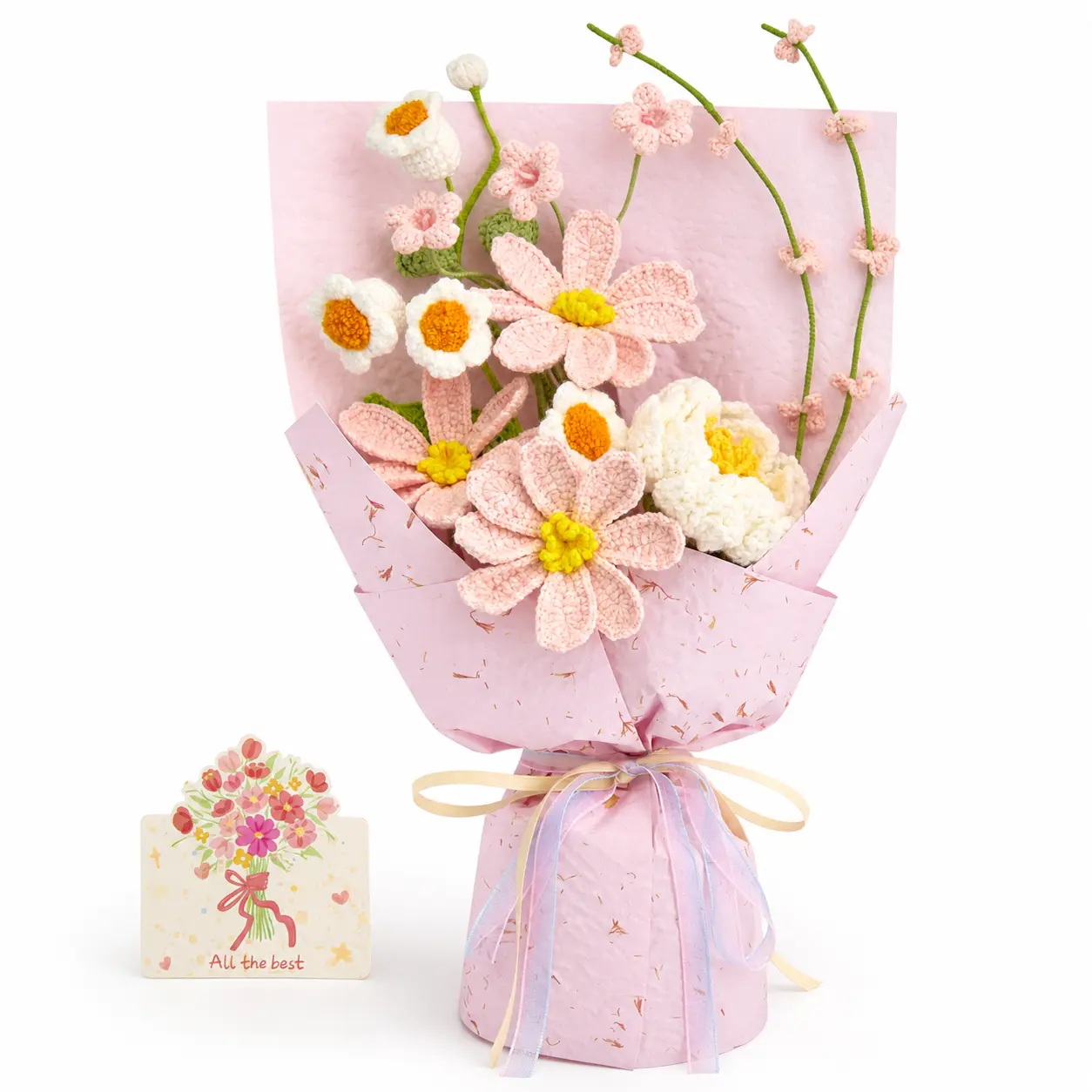 Handmade Crochet Cosmos Flower Bouquet with Card, Gesang flowers, Cotton Yarn Forever Flowers Gift for Her, Mother’s Day, Valentine’s Day and Christmas