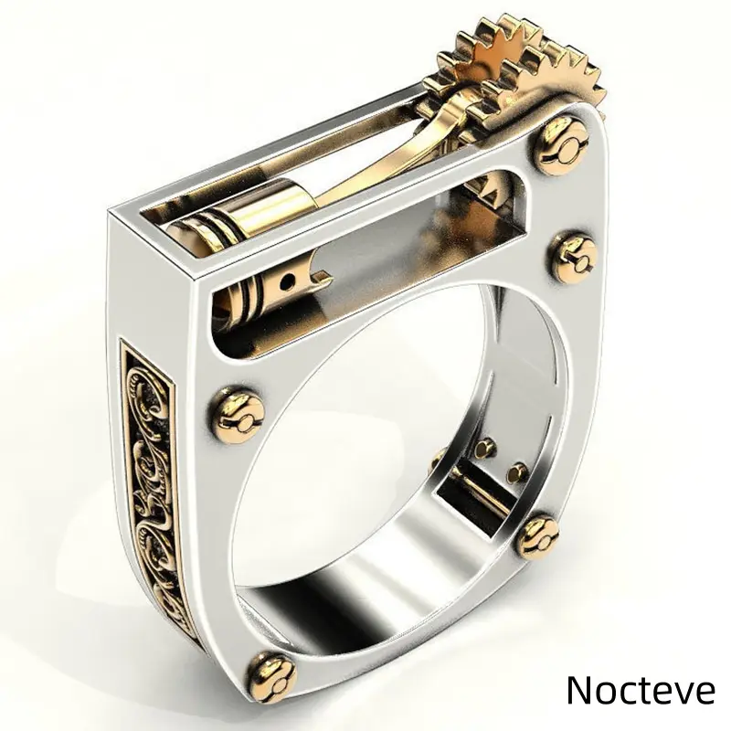 Unisex Geometric Mechanical Two-Tone Base Alloy Split Ring, Angular Industrial Gear Neutral Street Jewelry Urban Street & Unisex Tech Style Gift Wear