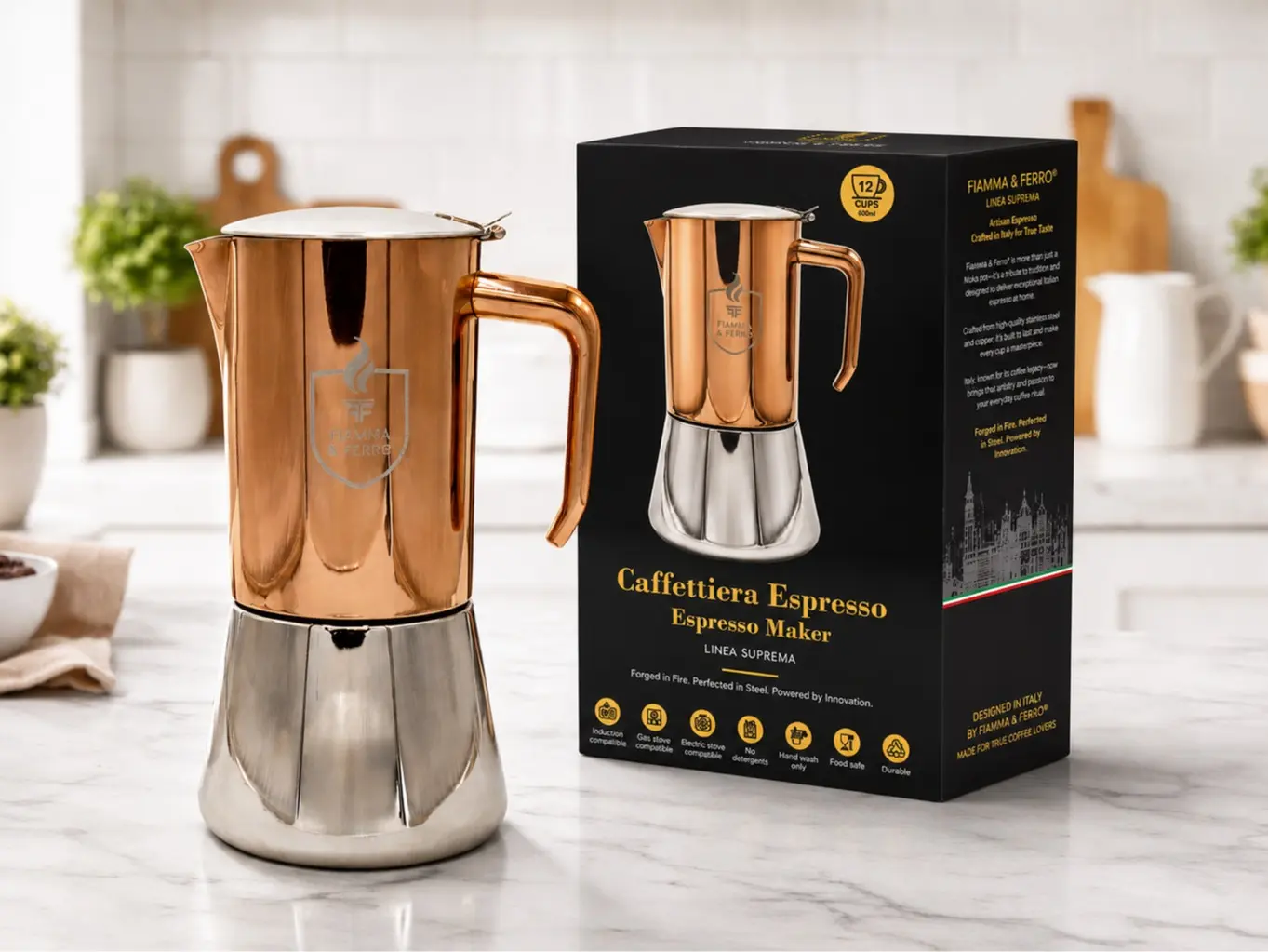 Fiamma & Ferro Stovetop Espresso Maker — 600 ml / 20 oz (12 Cup) | Induction, Electric and Gas Stove Compatitble