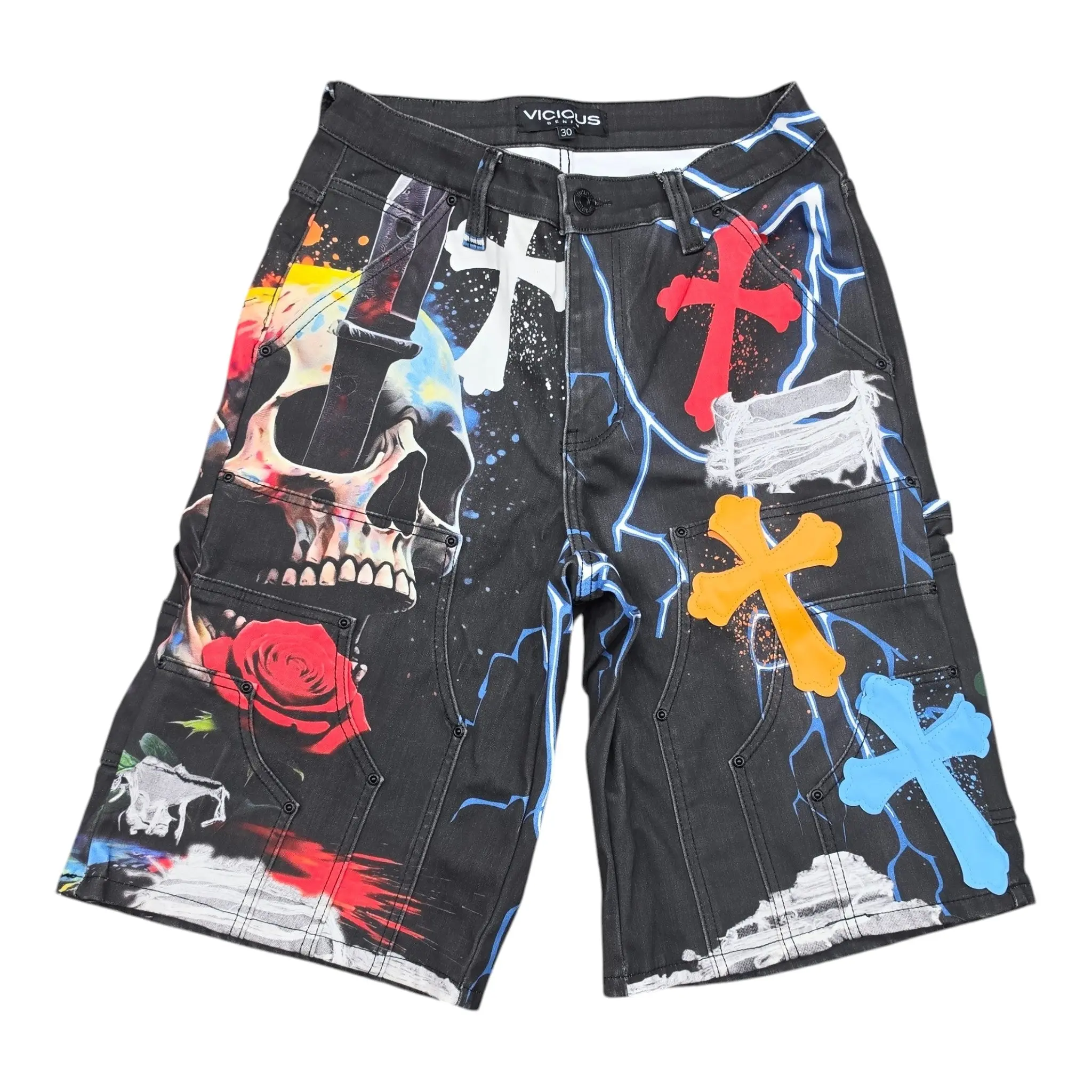 VICIOUS MEN'S OVERSIZED SKULL & CROSS PATCH CARPENTER SHORTS VC1129