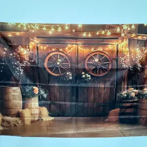 Wooden Barrel & Wheel Design Wall Hanging Backdrop, 1 Count Farmhouse Style Party Banner, Photo Props Background Cloth, Indoor & Outdoor Decoration, Party Decoration Supplies