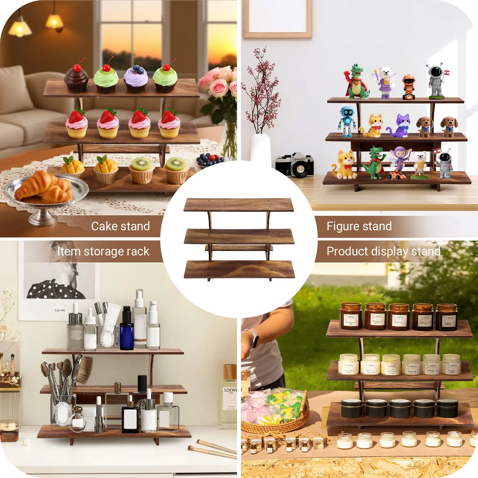 BEKRVIO-3 Pcs 3-Tier Heavy-Duty Wooden Table Display Stand with Corner Shelves, Portable Multi-Tier Shelf for Retail, Wedding, Craft Shows, Farmers Market, Trade Shows, Walnut Color Cake Stand, Counter Exhibit, Storage Rack, Figure & Product Display Stand