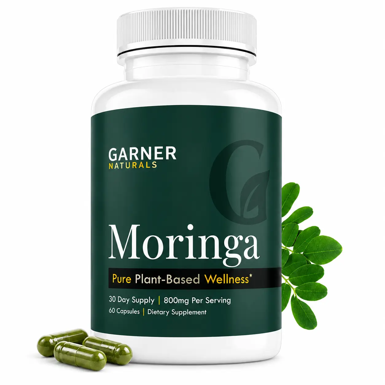 Garner Naturals Moringa Capsules Pure Plant-Based Wellness Supplement 800mg per Serving 60 Capsules 30 Day Supply for Immune Energy and Focus