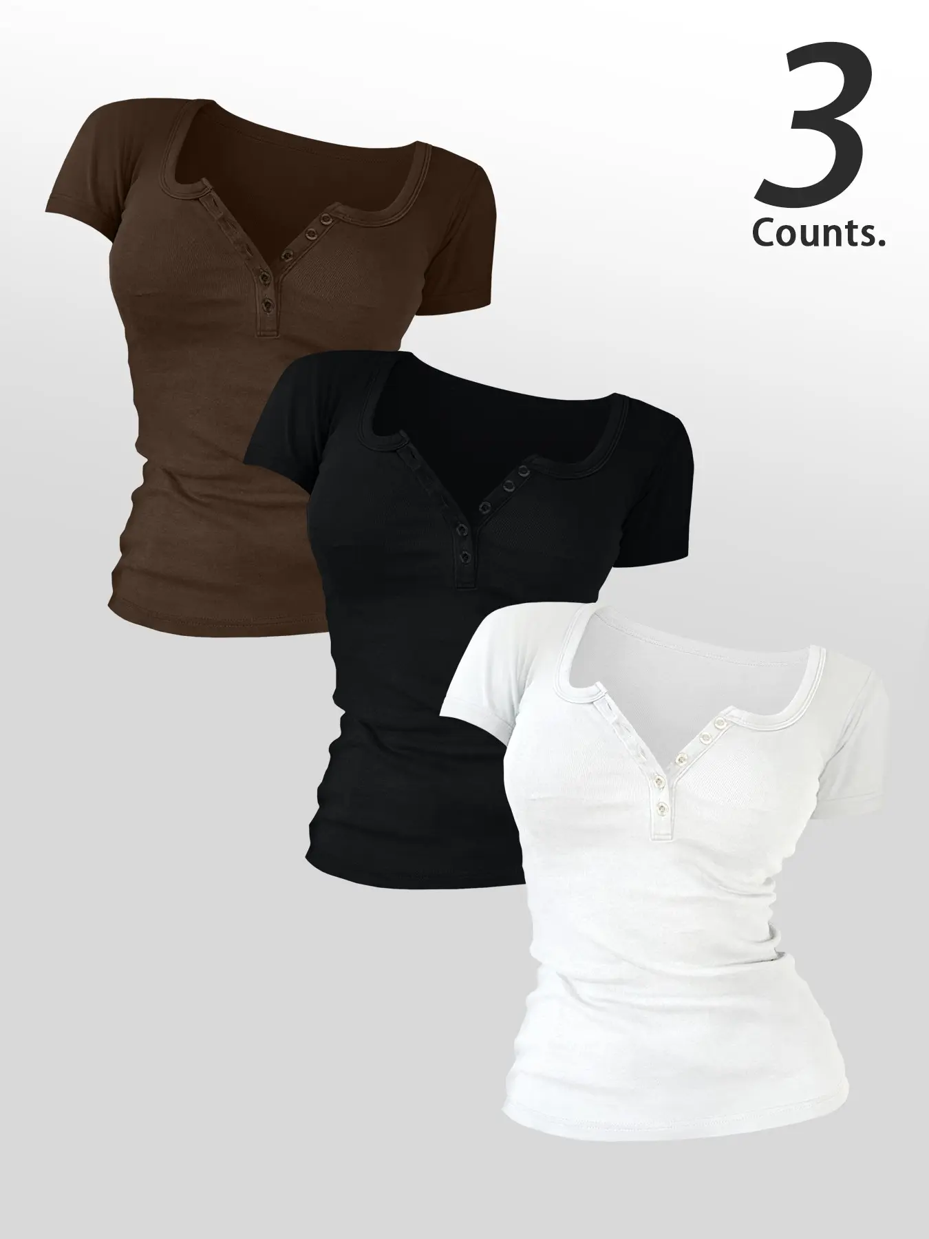 Women's 3-Piece Fashion Short Sleeve Round Neck Solid Color Breathable T-Shirt Set, Fitted Casual Basic Tops with Buttons for Spring/Fall Daily Wear, Everyday