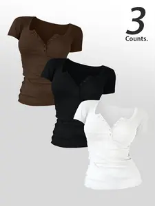 Women's 3-Piece Fashion Short Sleeve Round Neck Solid Color T-Shirt Set, Fitted Casual Basic Tops with Buttons for Spring/Fall Daily Wear