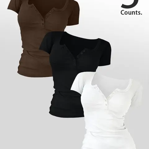Women's 3-Piece Fashion Short Sleeve Round Neck Solid Color T-Shirt Set, Fitted Casual Basic Tops with Buttons for Spring/Fall Daily Wear, Everyday, Casual Comfy Clothes