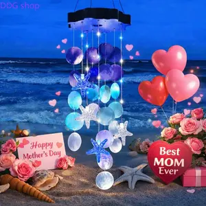 Solar-Powered Capiz Shell Wind Chime, Blue & White Starfish  Light, Outdoor Garden Decor, Ideal Mother's Day Gift for Women, Patio & Window Hanging Ornament