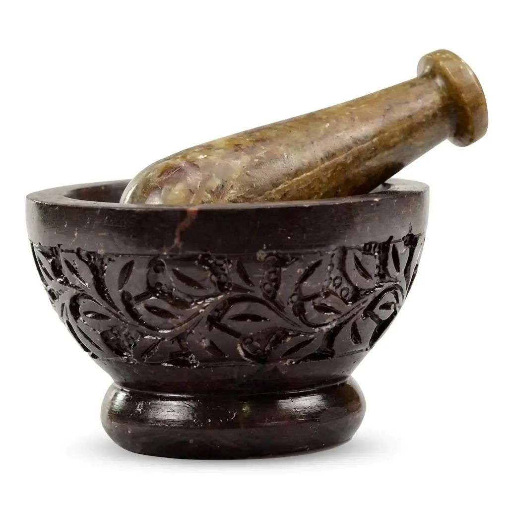 Floral Carved Soapstone Mortar and Pestle Set — Hand-Carved Herb Grinding Bowl Floral Carved Soapstone Mortar and Pestle Set — Hand-Carved Herb Grinding Bowl