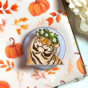 Whimsical Flower Crown Tiger Phone Grip, Cute Floral Tiger Griptok, MagSafe Magnetic Animal Kindle Holder Gift