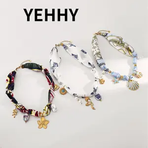 Women's Long Stainless Steel Chain Link Necklace, Ocean-Theme Colorful Silk Scarf Chain with Shell and Starfish Charms, Female Beach Coastal Vacation Fashion Accessory outdoorfun