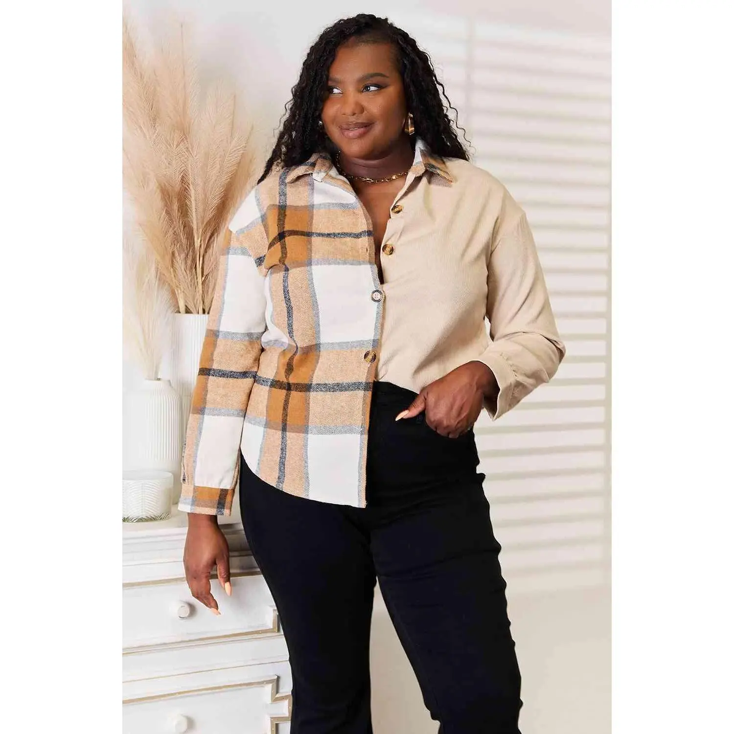 Double Take Plaid Print Dropped Shoulder Shirt