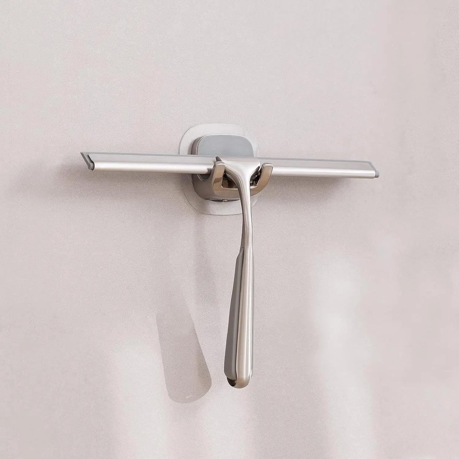 Multifunctional Stainless Steel 10-in Adhesive Cleaning Shower Squeegee with Long, Non-Slip Handle, Noise-Free for Bathroom Shower Doors, Windows - Synthetic Pad Included, Hassle-Free Refund Guarantee, No Water Streak