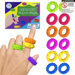 12-Piece Silicone Fidget Toy Set, Unique Textured Sensory Rings for Kids, Stress Relief, Focus, Classroom Prizes, Birthday Gifts, Travel Toys, Sensory Grippie Set