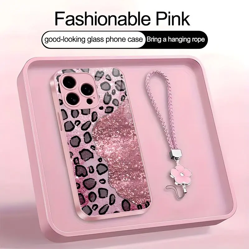 Suitable for [iPhone 16 Pro Max] high-end women's phone case🤩，a beautiful four-leaf clover lanyard is included🍀，printed exquisite leopard print pattern, simple yet sophisticated YM99