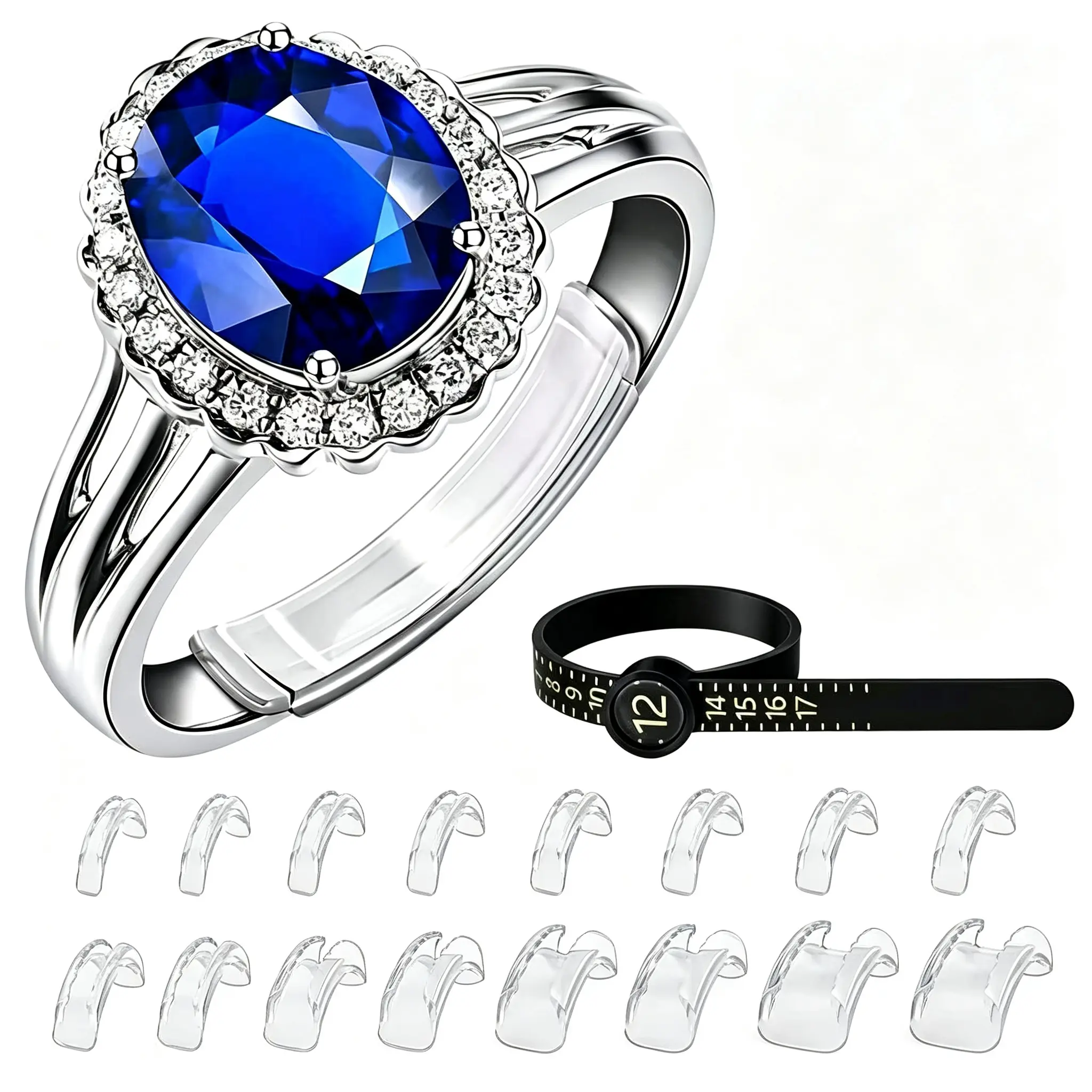 Reusable Ring Size Adjuster,Suitable for Loose Rings,16 Pcs 8 Sizes,Suitable for Men and Women,Invisible Ring Size Adjuster with Measuring Tool and Polishing Cloth