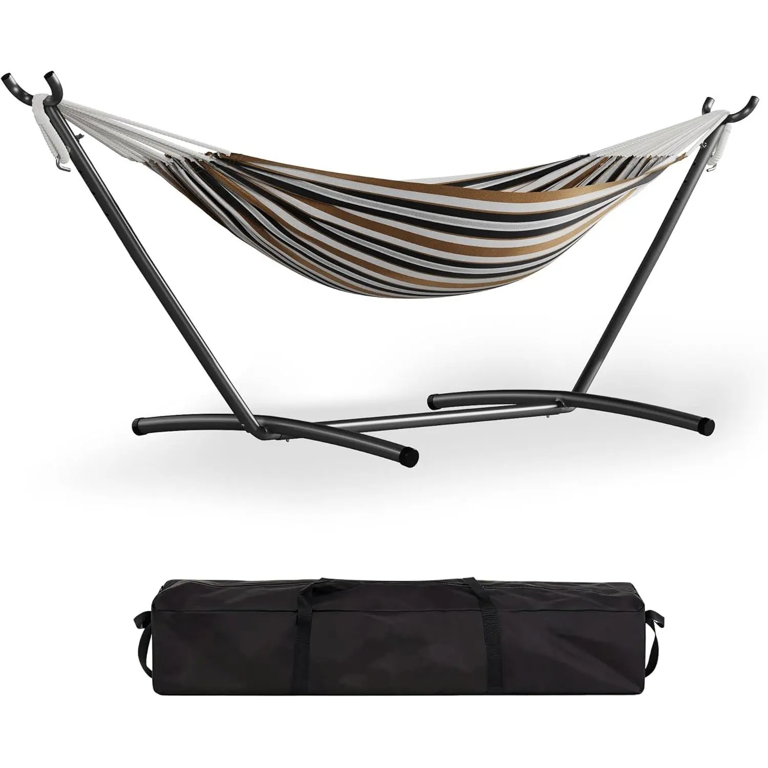 GARVEE Double Hammock with Stand Set, 2 Person Brazilian Style Woven Cotton Bed, 450 Lbs Capacity Heavy-Duty Steel Frame for Indoor Outdoor, Portable with Carrying Bag, Portable Travel Hammock, Double Hammocks