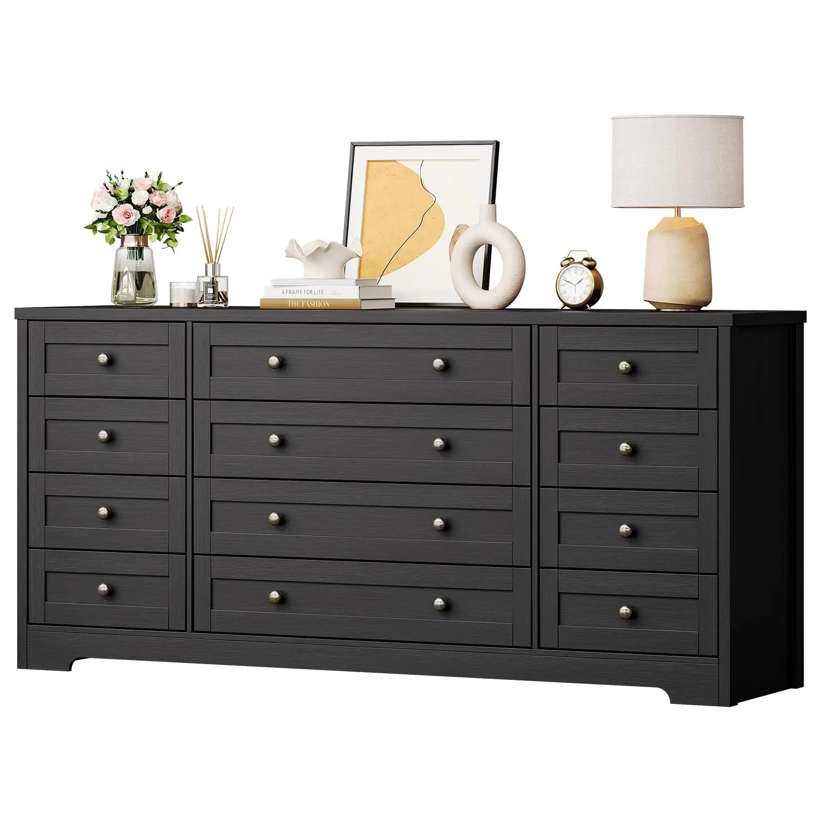 Garvee Rectangular 12-Drawer Solid Wood Dresser - 63" Long Modern Chest for Bedroom, Living Room, 16" Wide Anti-Tipping Stand for Large TVs, Clothing Organization, Pre-Labeled Parts
