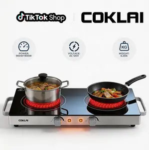 COKLAI Compact Portable Electric Double-Plate Induction Stove with Temp Control, Stainless Steel Easy-Clean Design, US Plug – Small Induction Hobs for Kitchens & Camping