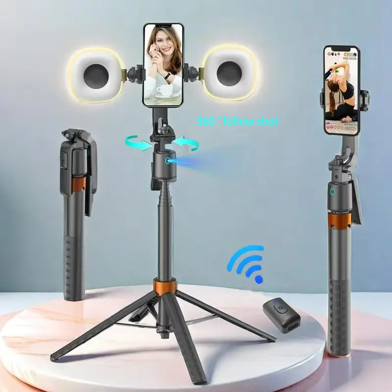 360-Degree Rotatable Foldable Selfie Stick Tripod with 2 Rechargeable Fill Lights - Adjustable Height Smartphone Holder, Smart Face Tracking, Bluetooth Remote, Phone Accessories Compatible for Filming Setup, Live Streaming Accessory, Picture Taking