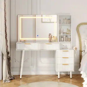 48" Fluted Makeup Vanity Desk with 3-Mode Lights Mirror, Makeup Vanity Glass Top & Power Outlet - Modern Dressing Table for Bedroom