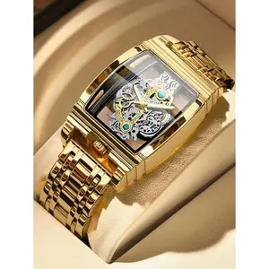 1pc Men's Business Style Hollow Quartz Watch With Zinc Alloy Gold-Colored Case