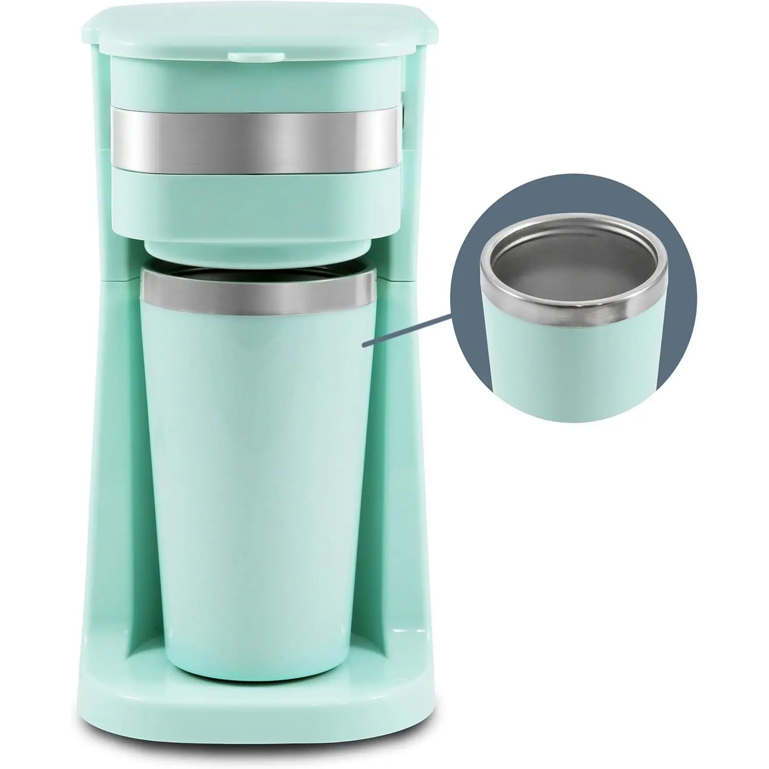 Mint Travel Coffee Machine - Lightweight Compact Design, 1-Touch Operation Single-Serve Brewer, 14Oz Stainless Steel Thermal Mug, Grounds Compatibility, Reusable Filter, Overheat Guard, On-the-Go Mornings, Dorms, Fits Under Coffee Dispensers