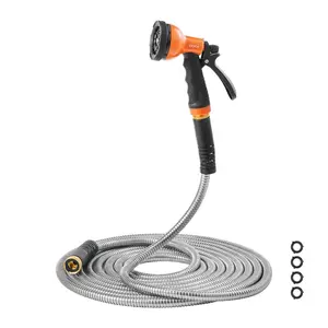 fathersdaygift VEVOR Metal Garden Hose 200 ft, Rust Proof Stainless Steel Water Hose, Heavy Duty Backyard Hose with 10 Function Nozzle, No-Kink Flexible Water Pipe, Lightweight Metal Hose for Yard, Outdoor