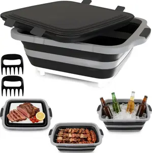 Collapsible BBQ Prep Tub with Cutting Board Lid – XL Foldable Food Prep Container for Meat, Marinating & Kitchen Storage
