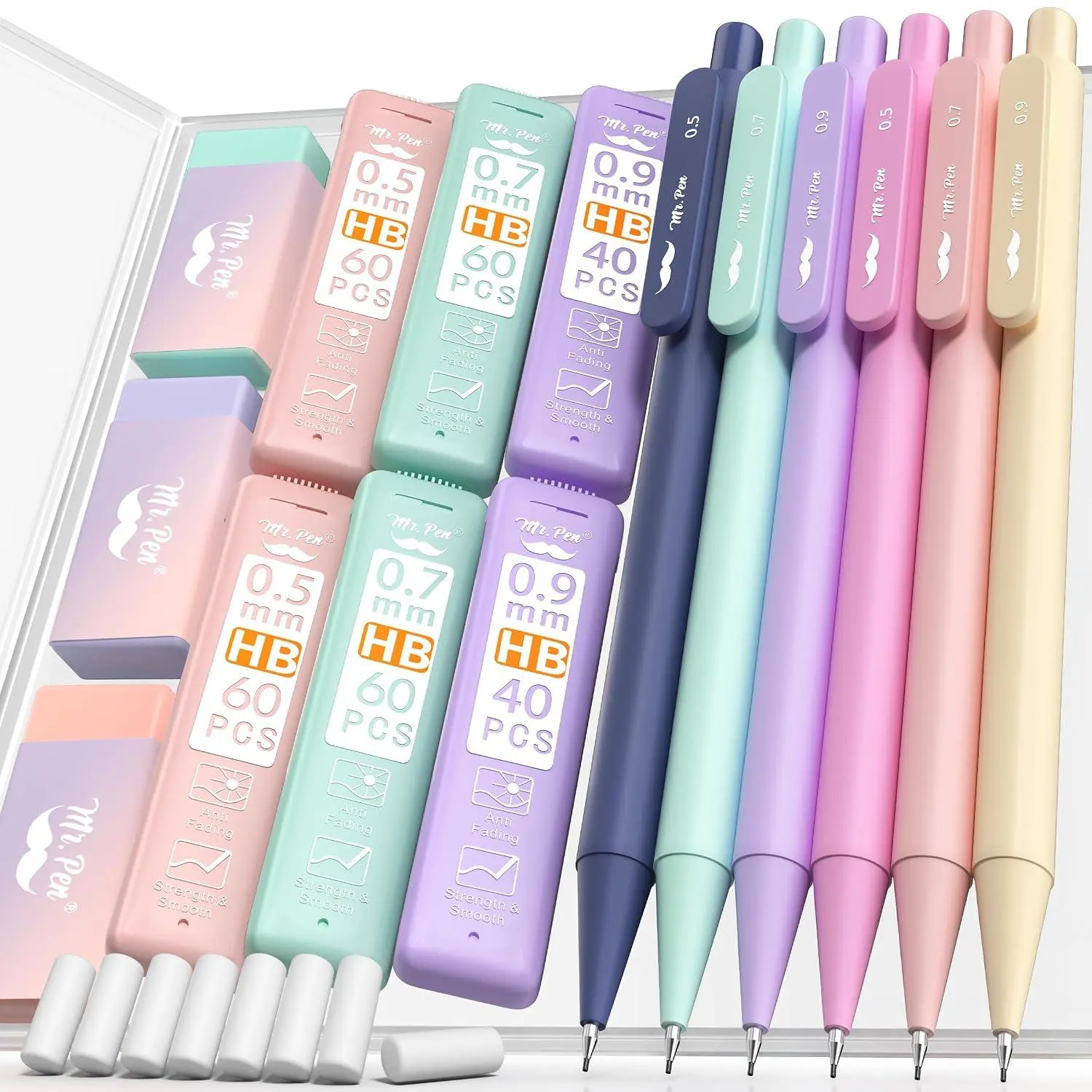 Mr. Pen- Pastel Mechanical Pencil Set with Lead Refills & Erasers, 6 Pack | 3 Sizes, 0.5 0.7 & 0.9mm, 6x Tubes HB Lead Refill, 3x Eraser for School Supplies, Students, Drawing & Sketching
