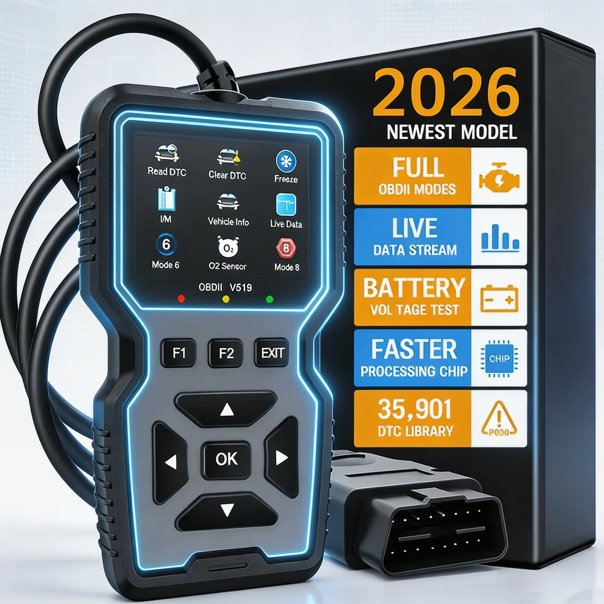 Professional OBD2 Car Diagnostic Scanner – Check Engine Light Reader, Read & Clear Codes, Mode 6 & Mode 8 OBDII/EOBD Scan Tool with Live Data, Battery Voltage Test, I/M Readiness, Compatible with Most Vehicles Since 1996
