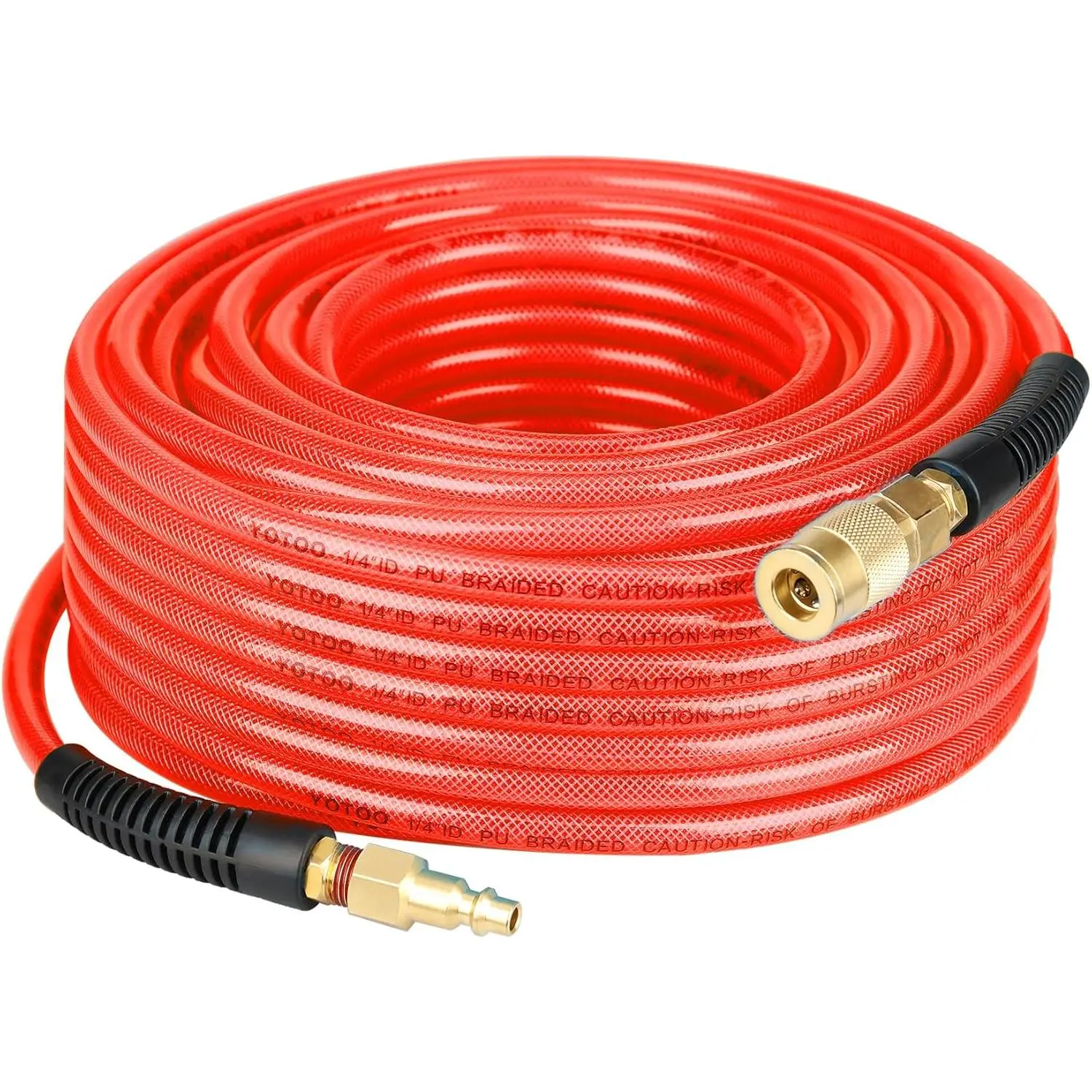 Reinforced Nylon-Braided Polyurethane Air Hose, 1/4" ID x 100 ft, 1200 psi Burst, Flexible, Lightweight, High Strength, Abrasion-Resistant, Bend Restrictors, 1/4” Industrial NPT Quick Coupler & Plug, Red, for Indoor Finishing Work, Painted Surfaces, Flexi