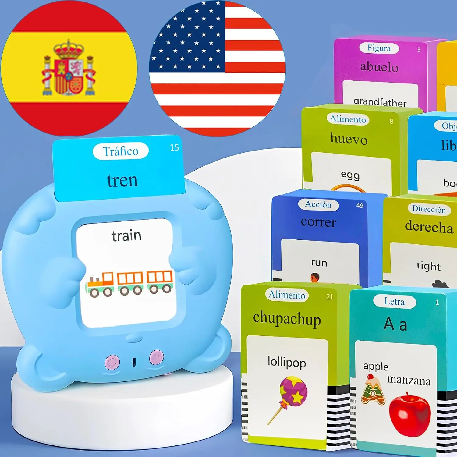 Spanish English Talking Flash Cards Bilingual for Kids - 510 Sight Words in 31 Themes, Pocket Speech for Toddlers Adults, Educational Gifts for Boys Girls, Autism Sensory Toys, Language Learning Tool, tarjetas de flash en español bilingües, Blue