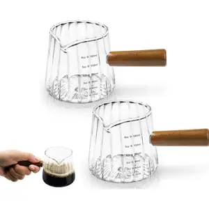 2-Piece Espresso Measuring Cup Set, Kitchen Utensils, 6oz Borosilicate Glass Coffee Cups with Wooden Handles, V-Shape Milk Frothing Cup, Dishwasher Safe