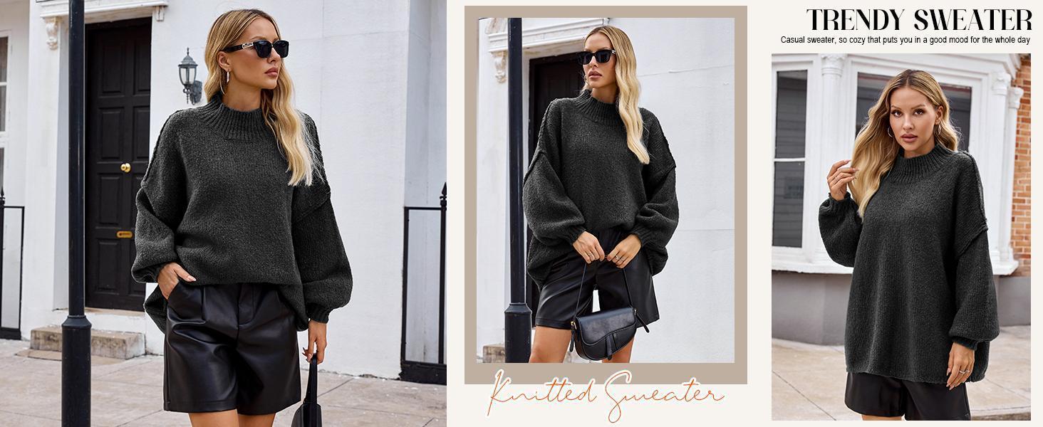 Imily Bela【Oversized】Womens Sweaters Mock Neck Batwing Long Sleeve Fall Trendy Ribbed Knit Casual Tunic Sweater