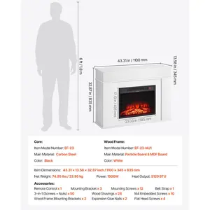 VEVOR 43 inch Freestanding Fireplaces, 1500W 5120BTU Fake Electric Fireplace Stove Heater with Mantel, Overheating Protection, Adjustable Flames, Timer, Remote, for Living Room, Bedroom, White