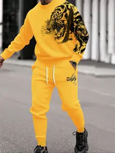 Two-Piece Set Men's Tiger Print Sweatshirt & Drawstring Waist Sweatpants Set, Casual Long Sleeve Pullover & Jogger Pants, Two-piece Outfits for Fall & Winter Clothes
