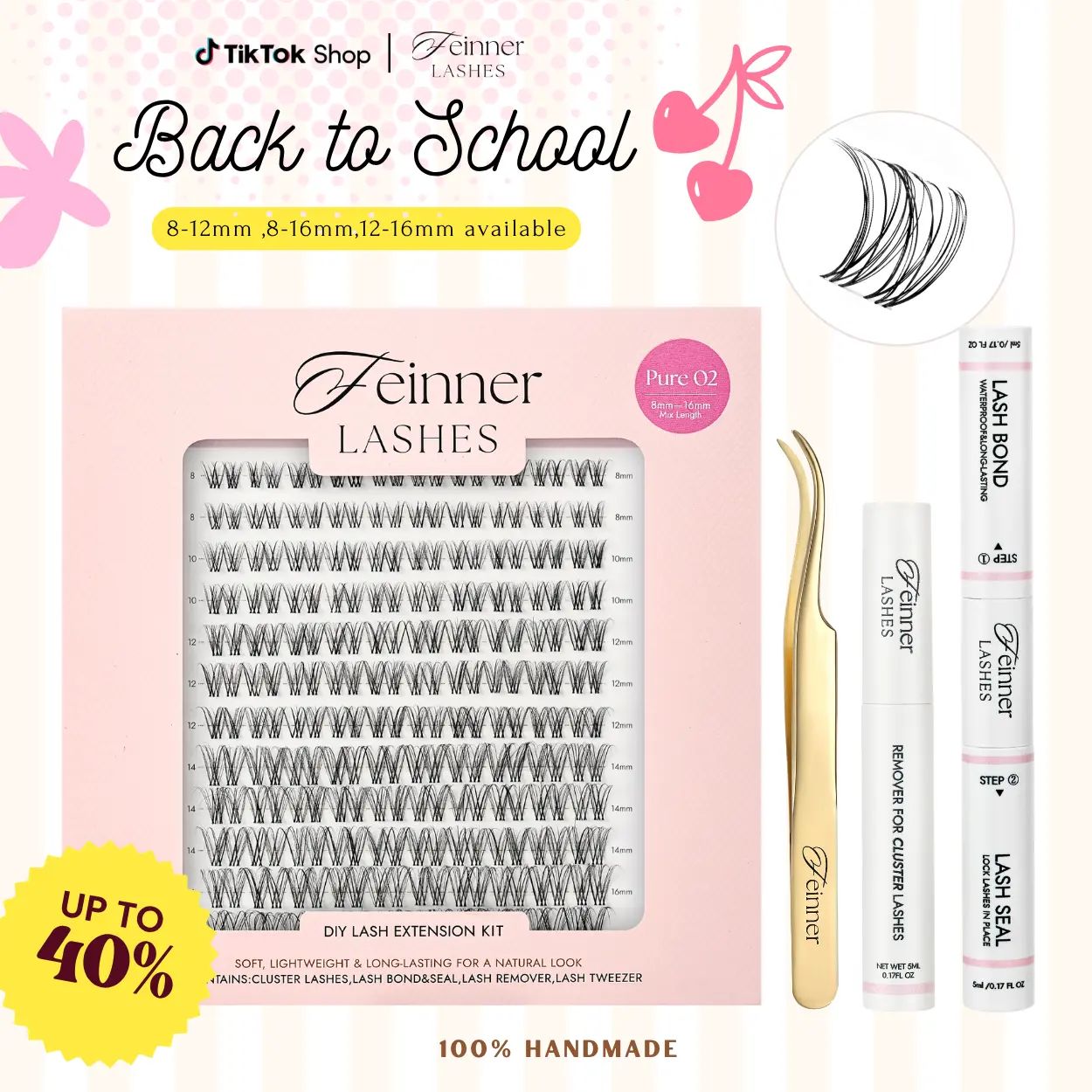 feinner DIY Lash Cluster Kit Invisible Soft Band Long Lasting Waterproof Bond Seal Remover Natural Eyelashes for Salon Quality at Home Must-Have Cluster Pure Clean Look｜Multiple options available,back to school