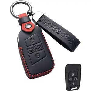 Key Fob Cover Leather Car Key Case Keychain Fob Holder  with Volkswagen Atlas Tiguan Alltrack Jetta Passat Arteon Golf GTI Taos Routan 2018-2024 (VWE-Black)