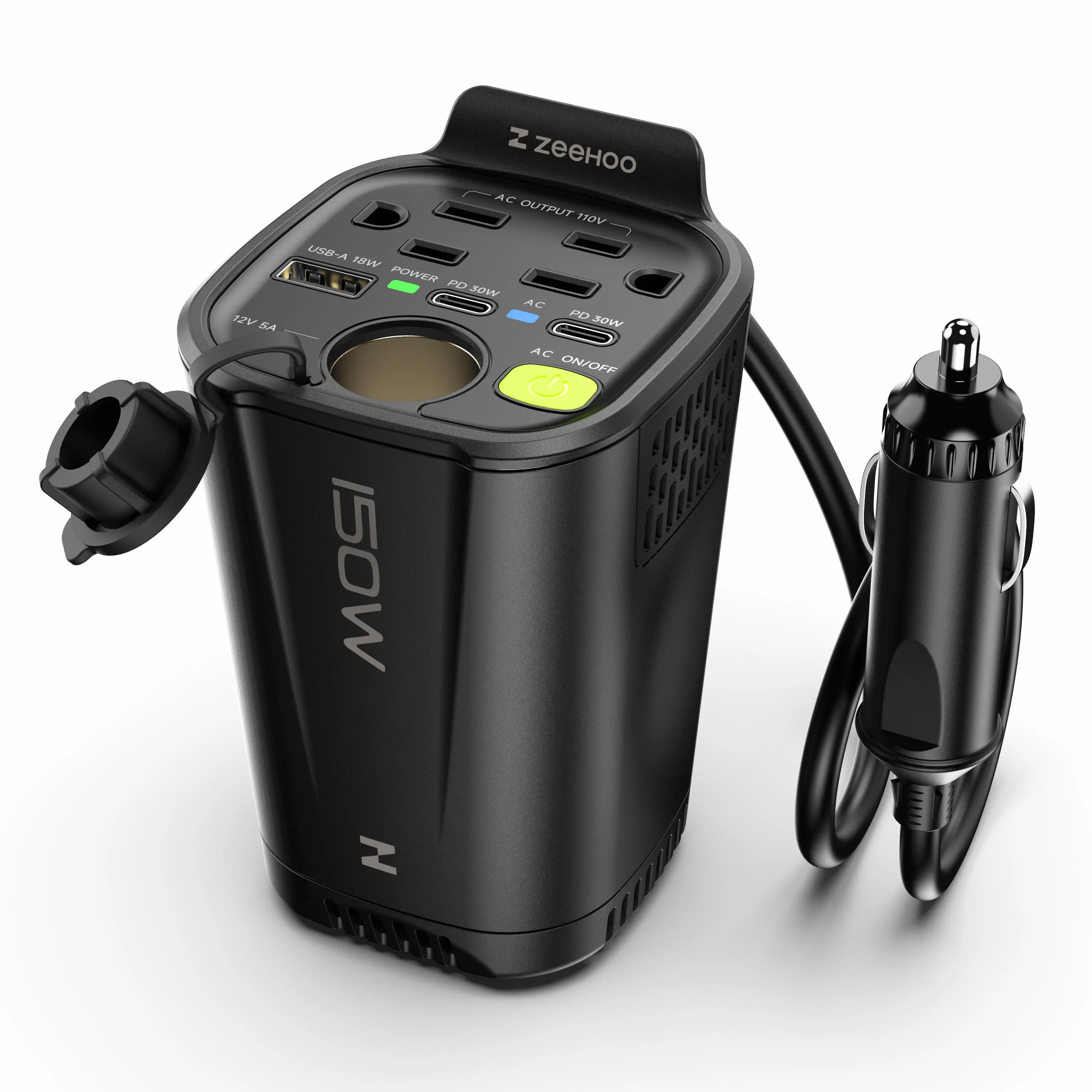 ZEEHOO 150W Car Power Inverter with 30W USB-C PD — Cup Holder Design, 2 AC Outlets, 2 USB-C, 1 USB-A, Silent Fanless Car Charger for Laptop, Phone, CPAP, Road Trip Essentials Fathersdaygift