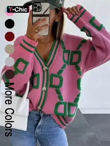 Women's Colorblock Button-Front Cardigan, Casual Drop-Shoulder Long Sleeve V Neck Sweater for Spring & Fall, Knitting Clothes for Women, Ladies Knitwear for Daily Wear, Everyday