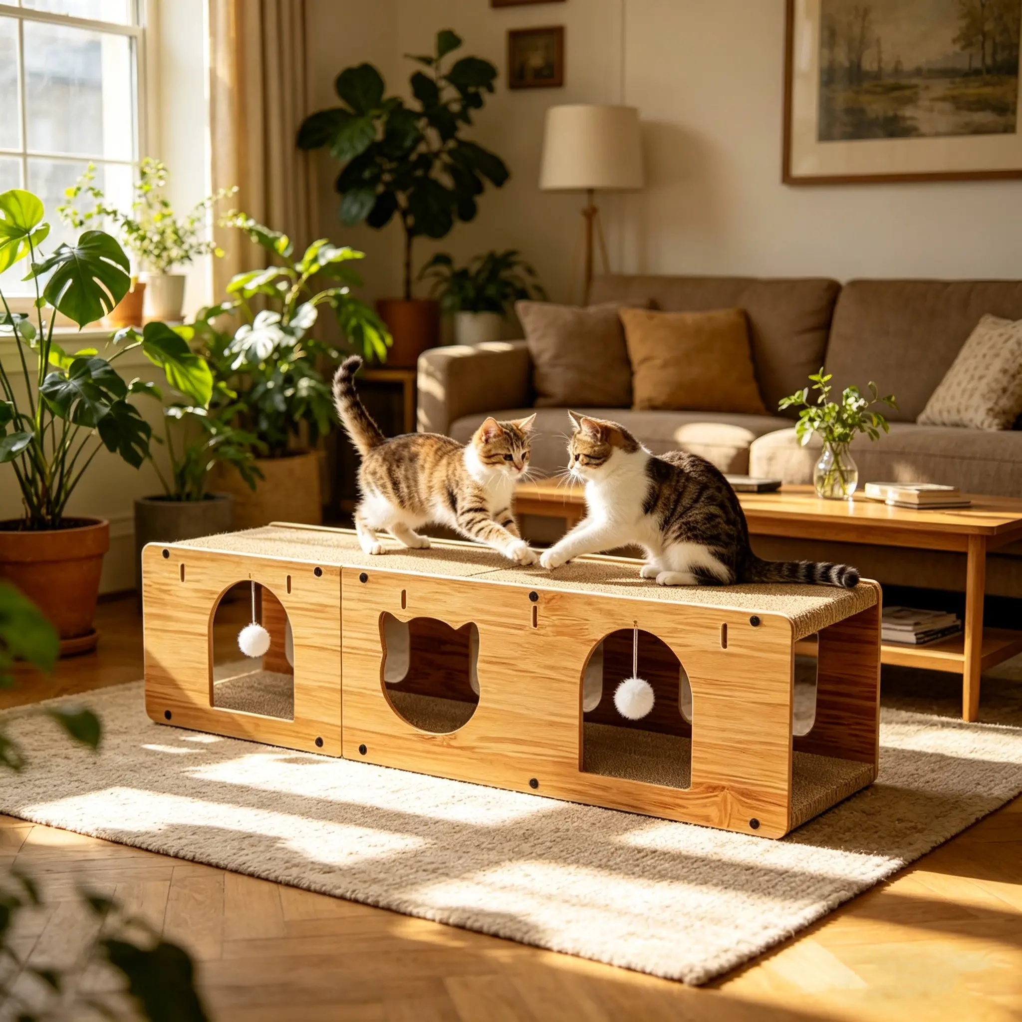 Multifunctional cat scratcher tunnel, durable indoor cat furniture with scratching board, track and balls. Built-in wooden toys for endless fun. Safe, eco-friendly, ventilated and easy to assemble. Ideal gift for kittens, a must-have cat scratcher. tiktok