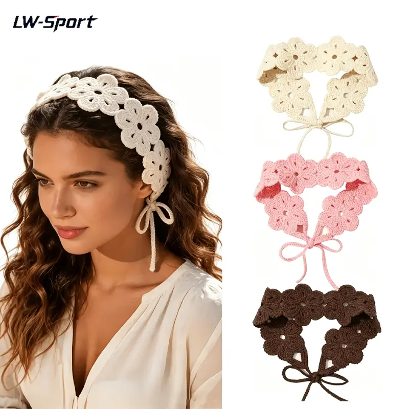1Pc/2Pcs Crochet Flower Headbands for Women, Boho Floral Knitted Hair Bands with Adjustable Tie, Soft Summer Beach Hair Accessories for Vacation Wedding Daily Wear