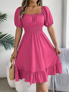 Elegant Square Neck Short Sleeve High Waist Ruffled Spring Summer Dress,2026 Valentine's Day Fashion Solid Color Fitted Basic Birthday Dress & Party Dress,Rose Red Pink Green Khaki Blue Yellow Casual Women Clothing