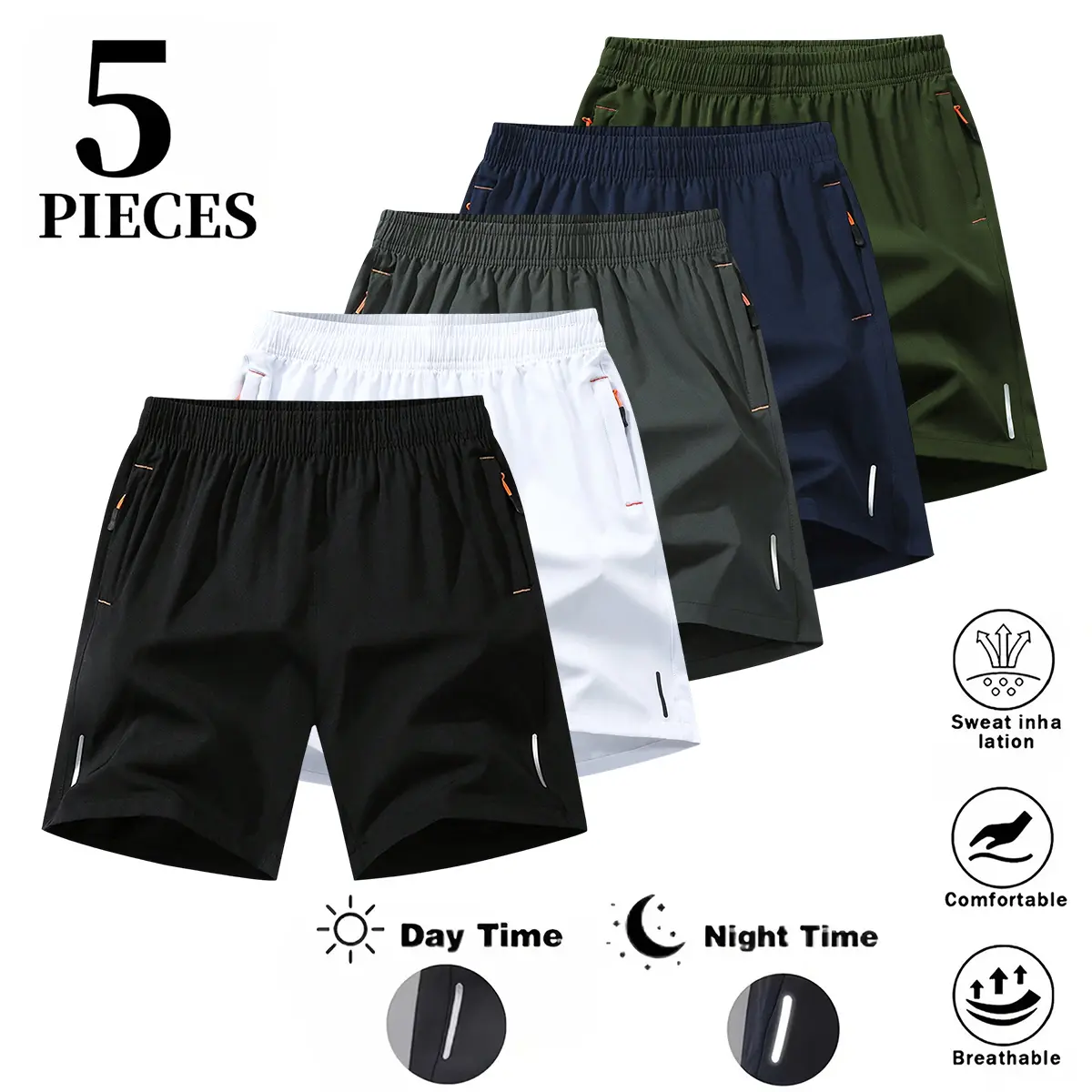 Set of 5 men’s shorts; men’s athletic casual shorts; soft and comfortable; solid color; drawstring and zippered pockets; outdoor sports, running, and fitness shorts; summer menswear; men’s shorts Men's Breathable