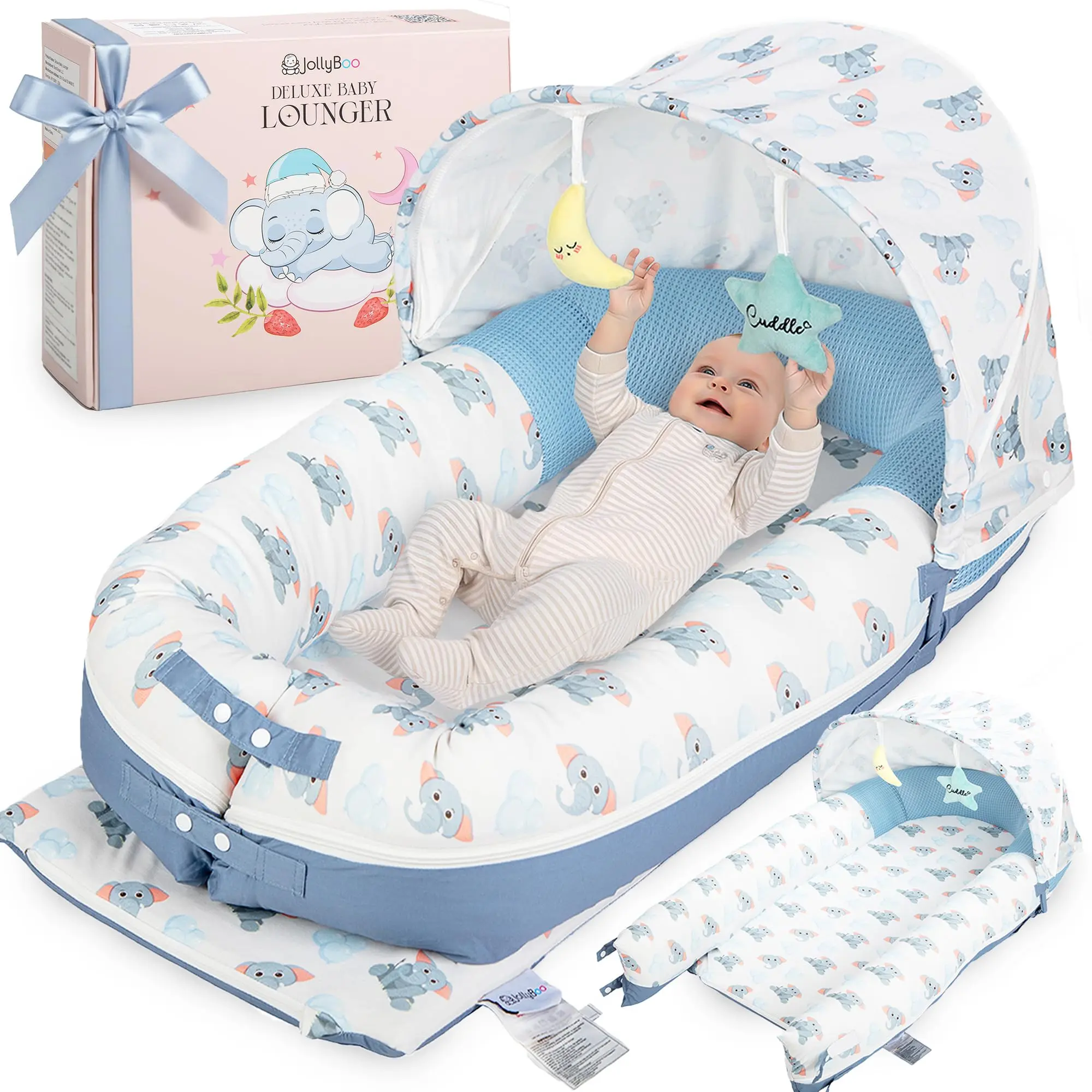 JollyBoo® Deluxe Infant Lounger Pillow - Baby Lounger 0-24 Months | Bamboo-Cotton Portable Baby Nest with Foldable Sunshade & 2 Plush Toys | Soft, Breathable Mesh for Cool, Safe Rest