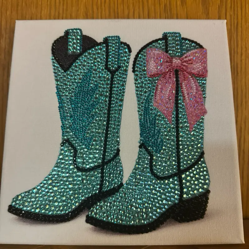 Cowgirls Boots Teal with Pink Bow DIY Bedazzle Canvas Kit