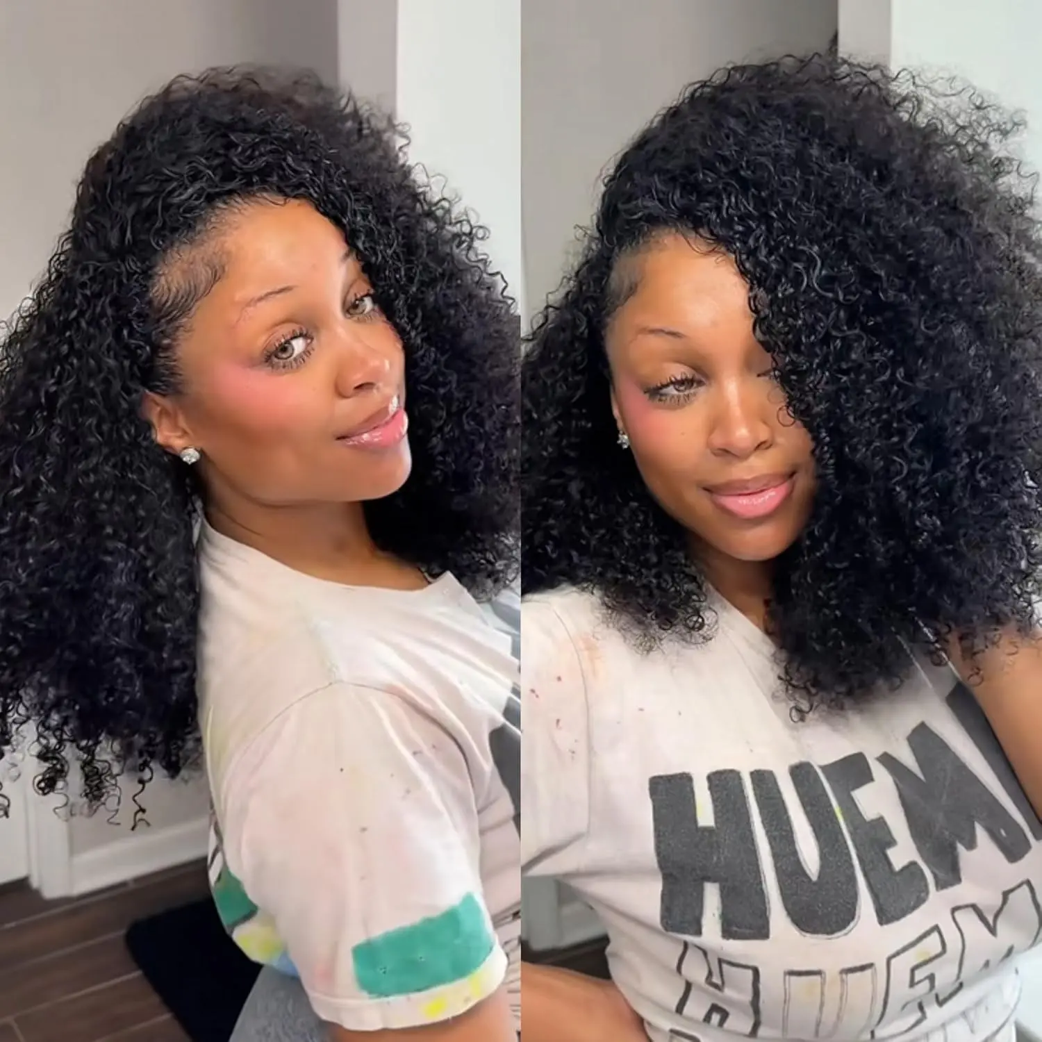 Kinky Curly Half Wig Human Hair 200% Density 20 Inch 3 In 1 Seamless Flip Over Drawstring Ponytail Headband Wig Human Hair Glueless Wear and Go  Human Hair Burmese Kinky Curly Half Wigs