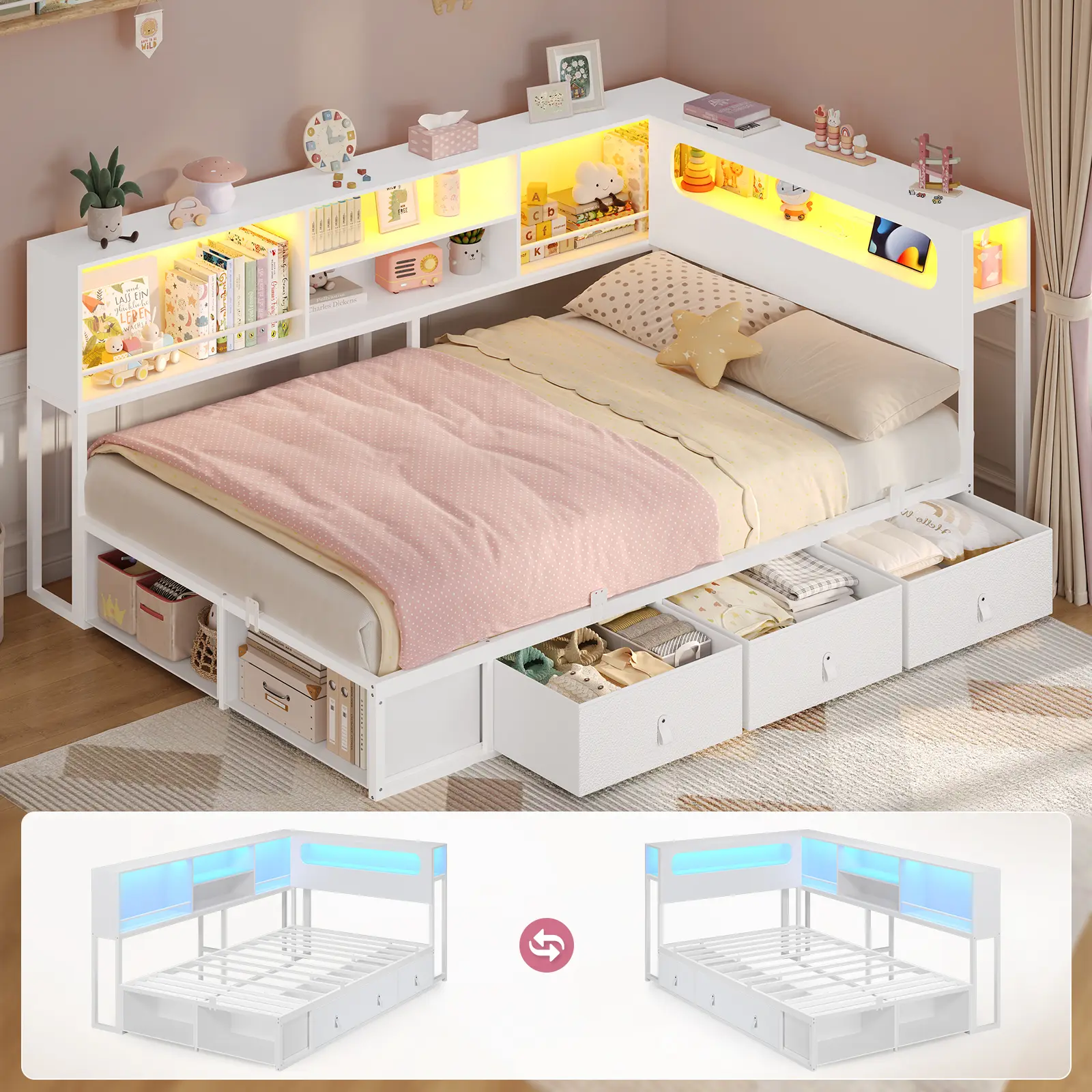 ADORNEVE Twin Corner Daybed Frame - Stable Metal Furniture with LED Light Headboard, 2 AC Plugs Charging Station, 3 Drawers, 2 Open Cubbies, Bookcase Storage for Quality Home Small Bedrooms & Bedtime Moods
