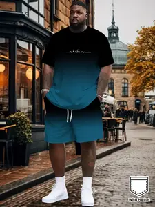 Men's Plus Size Fashion Casual 3D Print Short Sleeve Shorts Set, Gradient Whisperer Design, Lightweight Polyester Fabric