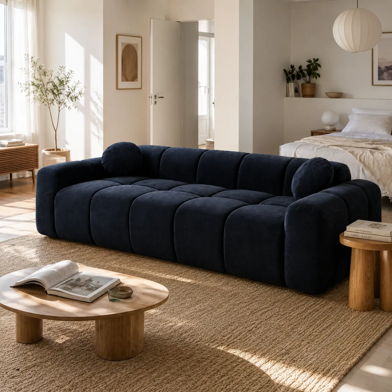 Ultra-Deep Corduroy Sectional Couch – 98” Wide, Cloud-Soft Fabric, Expands to Full Size in 2 Days